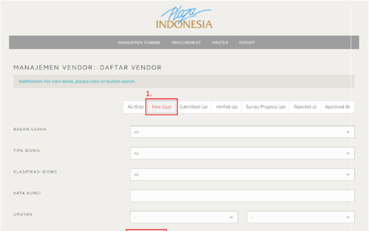 Preview Vendor Management System Plaza Indonesia